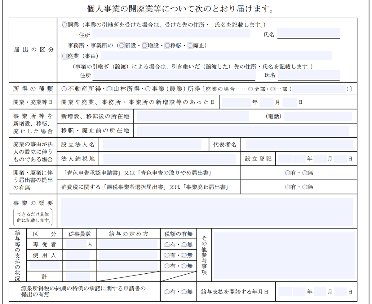 開業届の届出の区分・事業概要欄