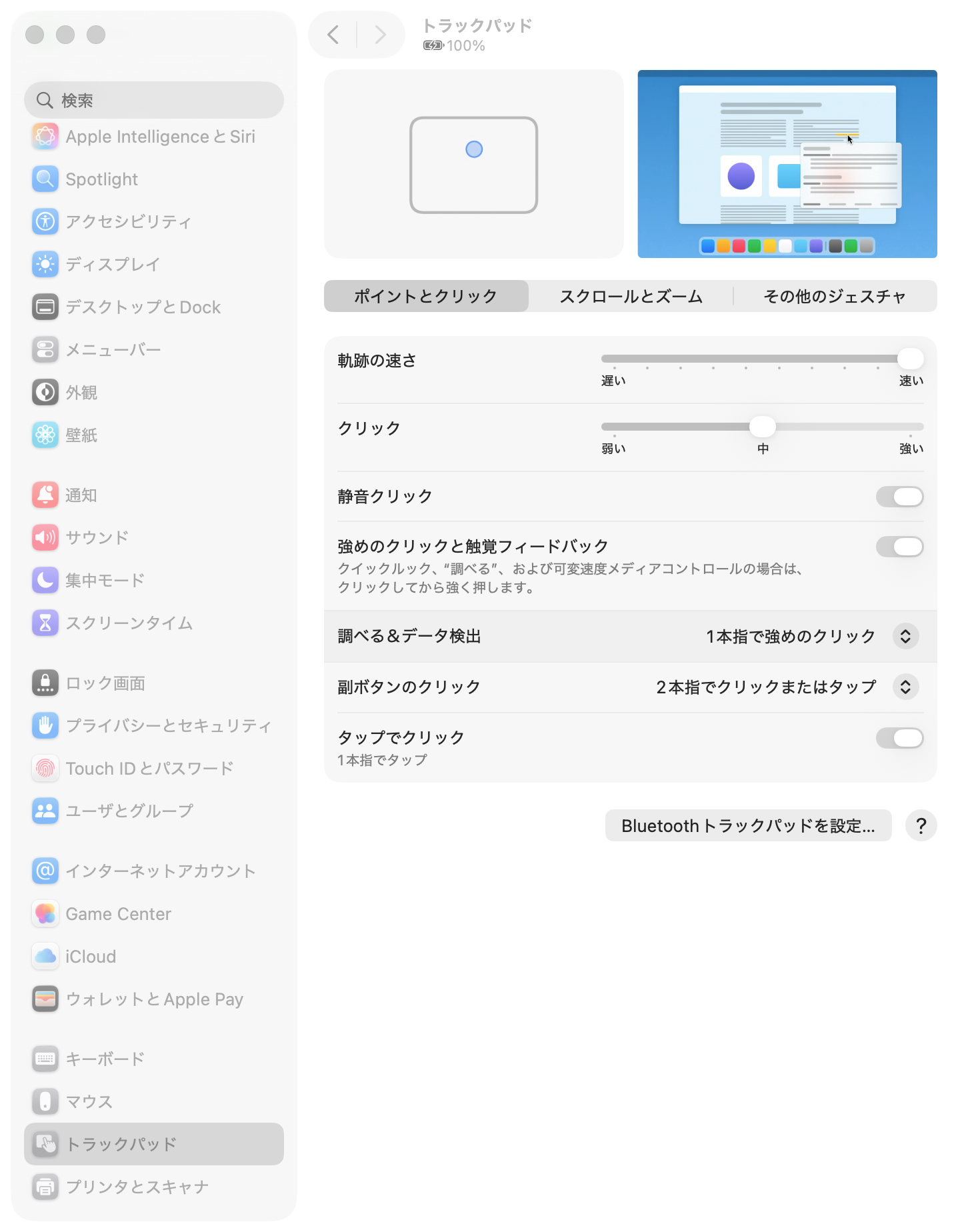 システム設定のトラックパッド画面
